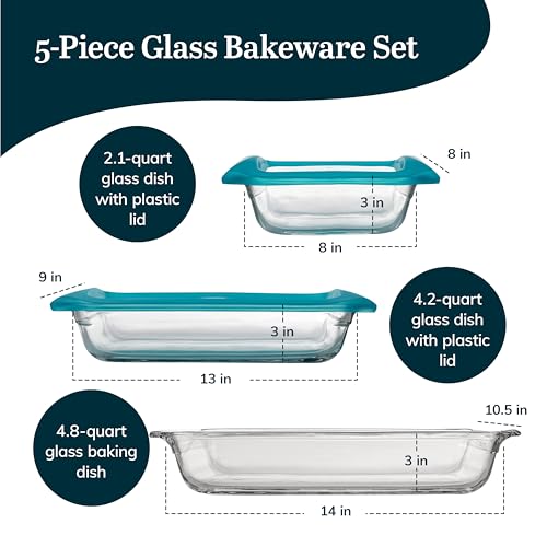 Libbey Baker’s Premium 5 Piece Glass Baking Dish Set, Stackable Casserole Dish with Lid Set, Baking Glassware for Casseroles, Lasagna, Brownies