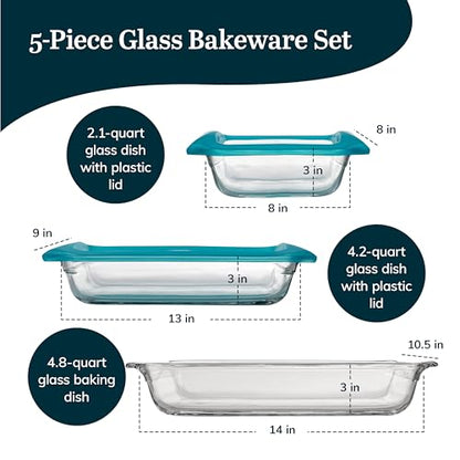 Libbey Baker’s Premium 5 Piece Glass Baking Dish Set, Stackable Casserole Dish with Lid Set, Baking Glassware for Casseroles, Lasagna, Brownies