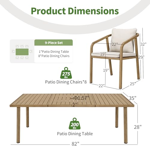 CikaCika 9-Piece Outdoor Dining Set, Aluminum Patio Table for 8, Brown