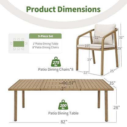 CikaCika 9-Piece Outdoor Dining Set, Aluminum Patio Table for 8, Brown
