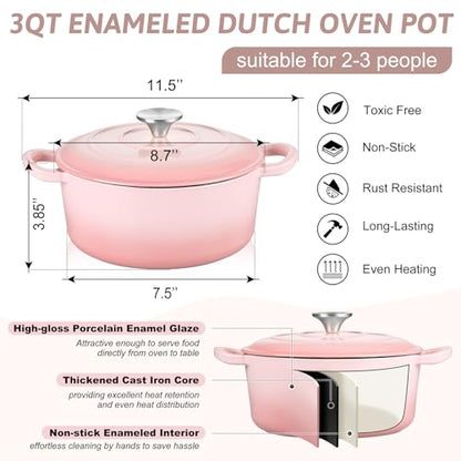 TeamFar Enameled Cast Iron Dutch Oven - 3QT Small Dutch Oven Pot with Lid - Heavy Duty Cast Iron Pot Cookware for Bread Baking, Braising, Stewing, Roasting, Pink