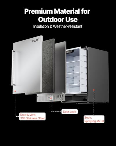 VEVOR 24-Inch Outdoor Beverage Refrigerator, 150 QT Built-in Drink Fridge, 0.56 kWh/Day Energy-Efficient Cooler with 304 Stainless Steel Door, Holds 180 Cans for Outdoor Kitchen, Home Bar, Patio