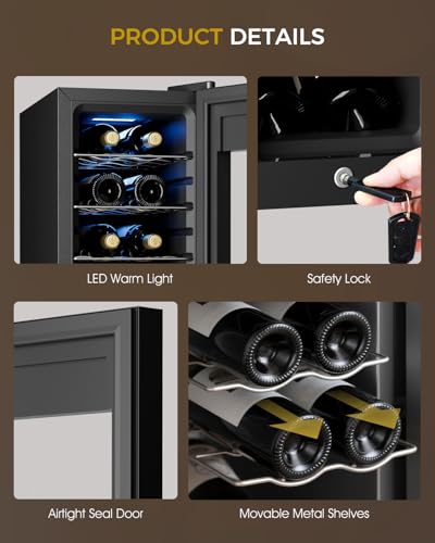 Feelfunn 12 Bottle Wine Cooler Refrigerator - Small Wine Fridge for Red, White, Champagne, Freestanding Wine Cellar with Glass Door & Digital Temperature Control for Home Bar, Office