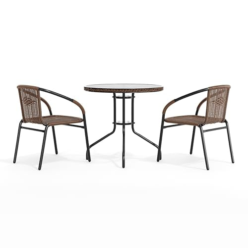 Flash Furniture Lila 28'' Round Glass Metal Table with Dark Brown Rattan Edging and 2 Dark Brown Rattan Stack Chairs