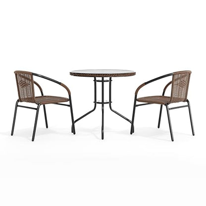 Flash Furniture Lila 28'' Round Glass Metal Table with Dark Brown Rattan Edging and 2 Dark Brown Rattan Stack Chairs