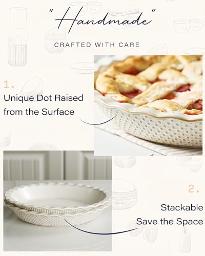 getstar Ceramic Pie Pan Set of 2, 9 inch Pie Dish for Baking, Non-Stick, Oven & Dishwasher Safe, Farmhouse Decor Quiche Baking Dish, Pie Plate, Deep Dish Pie Pan (Embossed Stripes+Dots)