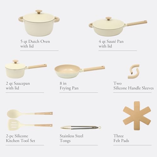 Gibson Elite Folkstone 13 Piece Pots and Pans Durable Cast Aluminum PFA Free Non stick Ceramic Coating Cookware Set W/Kitchen Tools and Protective Felts - Induction Safe - Linen White W/Wood Handle