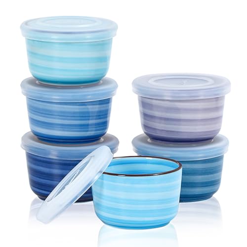 Selamica Ramekins with Lids 8 oz, Creme Brulee Ramekins Oven Safe, Souffle Dishes Porcelain Custard Cups for Baking, Small Bowls for Dipping, Pudding, Ice Cream, Set of 6, Gradient Blue