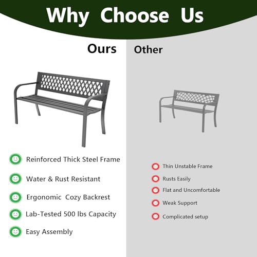 MAKE CHANGES Outdoor Bench, Garden Patio Park Entryway Metal Bench with Comfortable Backrest, Sturdy Heavy Duty Loveseat Front Porch Backyard Lawn Furniture for Outside