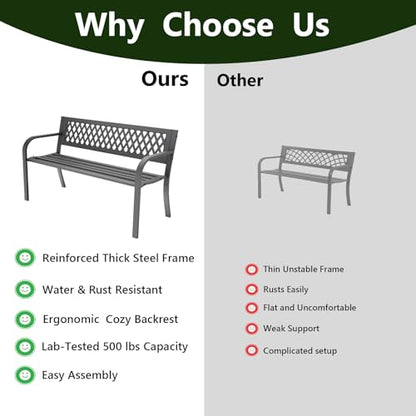 MAKE CHANGES Outdoor Bench, Garden Patio Park Entryway Metal Bench with Comfortable Backrest, Sturdy Heavy Duty Loveseat Front Porch Backyard Lawn Furniture for Outside