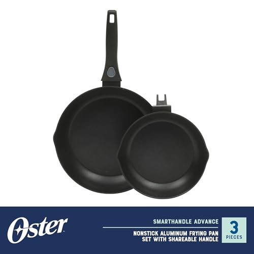 Oster SmartHandle 2-Piece Fry Pan Set, 11-Inch & 9-Inch Nonstick Skillets with Removable Handle – Oven & Dishwasher Safe, Space-Saving Cookware