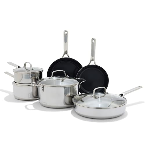 OXO 13 Piece Stainless Steel Cookware Set, Tri-Ply Multiclad Pots & Pans, PFAS-Free Ceramic Nonstick Coated Frying Pans, Induction Compatible, Dishwasher & Oven Safe, Sauce, Stock, Saute, Silver