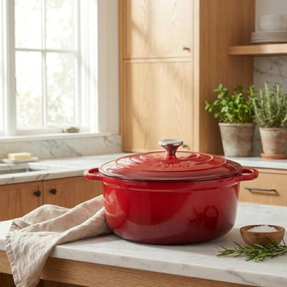 Zulay Kitchen 6.4QT Enameled Cast Iron Dutch Oven Pot with Lid, Heavy-Duty Soup Pot for Stews, Braising, Roasting & Sourdough Bread Baking, Oven Safe up to 500°F - Ablaze Red