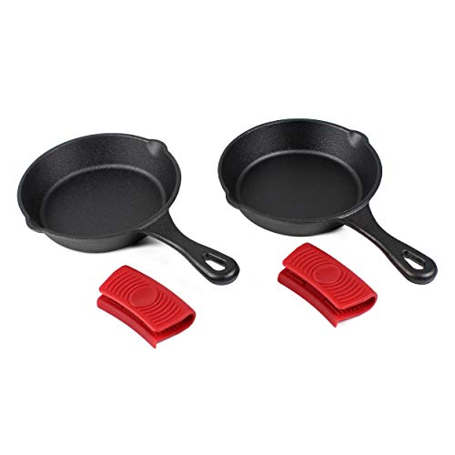 6" Cast Iron Skillet Set of 2 (Pre-Seasoned) with 2 Silicon Hot Handle Holder Grips