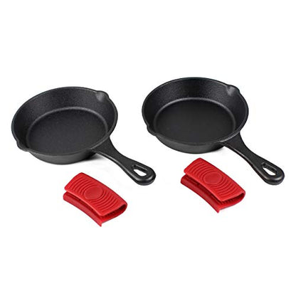 6" Cast Iron Skillet Set of 2 (Pre-Seasoned) with 2 Silicon Hot Handle Holder Grips