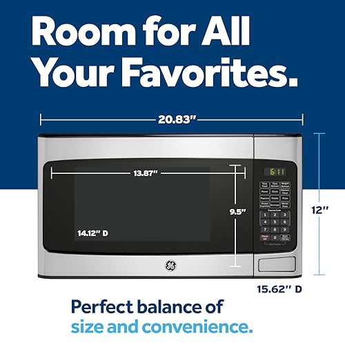 GE Countertop Microwave Oven, Compact 1.1 Cubic Ft., 950-watt Capacity, 6 Auto Cooking Settings, Child-Lock Technology, Kitchen Essentials for The Countertop, Dorm Room or Apartment, Stainless Steel