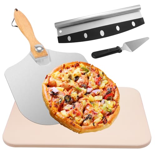 15x12" Pizza Stone For Oven & Grill - 12" Aluminum Pizza Peel - Pizza Cutter & Mini Pizza Spatula Set - Perfect For Baking Homemade Pizza, Bread & Pastry