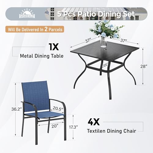 SUNSHINE VALLEY 5 Piece Patio Dining Set for 4, 37”x37” Square Table with Umbrella Hole and 4 Metal Blue Chairs, Outdoor Table and Chairs Set for Lawn Backyard and Deck