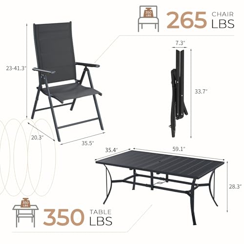 BUPPLEE 7-Piece Outdoor Dining Set - 6 Padded Aluminium Folding Chairs & Adjustable Steel Table, Low-Maintenance Garden Furniture for Backyard, Balcony, Poolside, Includes 1.57"-1.97" Umbrella Hole