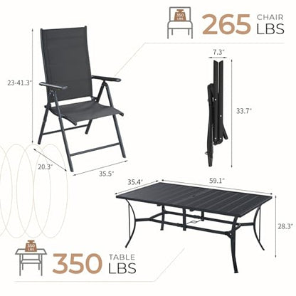 BUPPLEE 7-Piece Outdoor Dining Set - 6 Padded Aluminium Folding Chairs & Adjustable Steel Table, Low-Maintenance Garden Furniture for Backyard, Balcony, Poolside, Includes 1.57"-1.97" Umbrella Hole