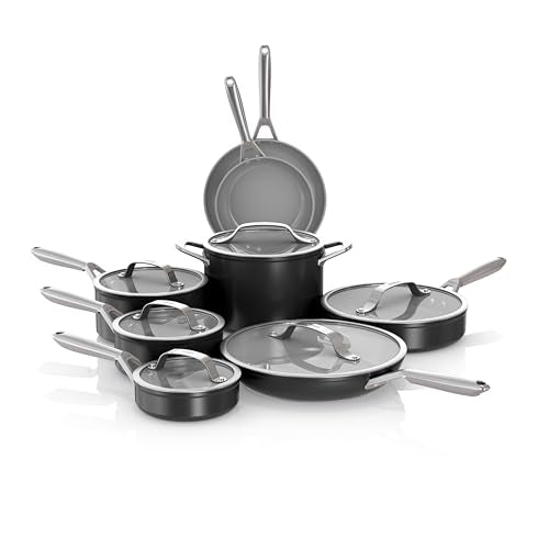 Ninja Ceramic Pro 14-Piece Cookware Set, Non-Stick Pots & Pans Set with Glass Lids, Nontoxic, PTFE Free, Ceramic Coated, Oven Safe, All Stovetops & Induction Compatible, Black, CW39014BK