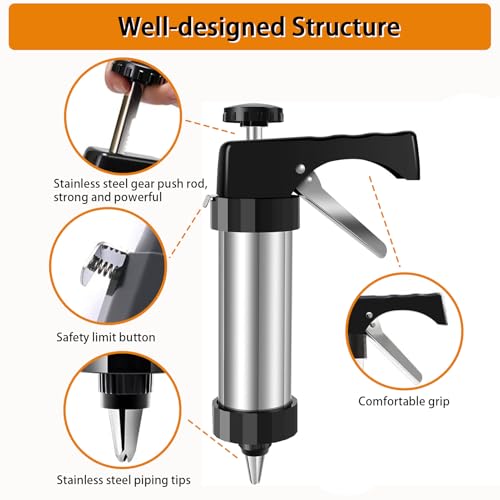 Stainless Steel Spritz Cookie Press Gun Kit, with Piping Bag, 8 Piping Nozzles, 13 Cookie Discs and Cleaning Brush, 3-in-1 Multifunctional Cookie Press