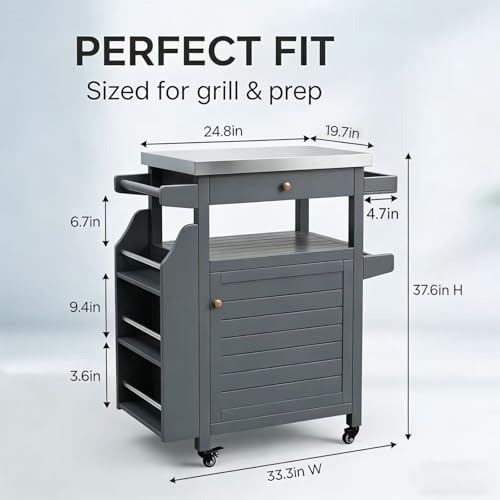 Girarvs Outdoor Grill Cart with 304 Stainless Steel Tabletop and Storage Cabinets, Movable Kitchen Island with 360 Lockable Wheels for BBQ Food Prep, Solid Wood Outdoor Kitchen Station(Dark Gray)