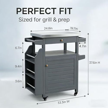 Girarvs Outdoor Grill Cart with 304 Stainless Steel Tabletop and Storage Cabinets, Movable Kitchen Island with 360 Lockable Wheels for BBQ Food Prep, Solid Wood Outdoor Kitchen Station(Dark Gray)