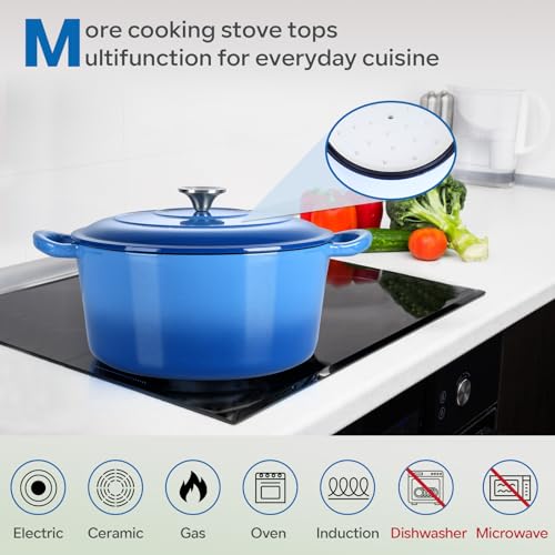 HaSteeL 6 Quart Cast Iron Dutch Oven, Pre-seasoned Enamel Cooking Stock Pot with Lid, Non-stick Round Cookware for Sourdough Bread Baking Roasting Stewing Braising Frying, Heavy Duty & Oven Safe(Blue)