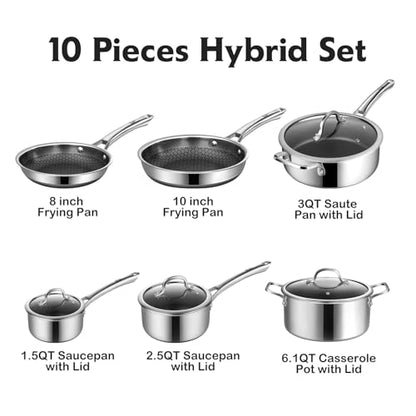SNOWCLAD Pots and Pans Set Non Stick, 10 Pcs Hybrid Stainless Steel Cookware Sets, Non Stick Frying Pans, Saucepans, Saute Pan & Stock Pot, PFOA Free Kitchen Skillet,Induction Compatible