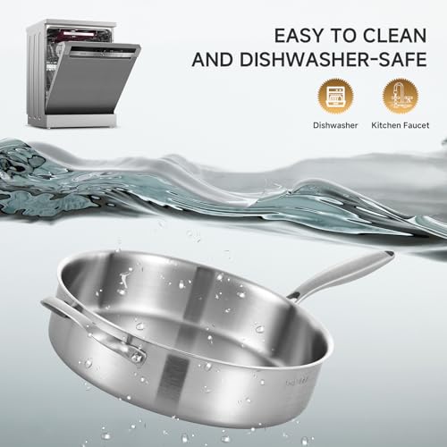 Inqibee 3 Quarts Tri-Ply Stainless Steel Sauté Pan with Lid, 10 inch Induction Cookware Deep Frying Pan Cooking Skillet, Induction Compatible, All Cooktops, Dishwasher and Oven Safe
