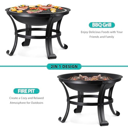 22 Inches Portable Fire Pit Outdoor Wood Burning Steel Lightweight BBQ Grill Firepit Bowl with Log Grate&Poker for Outside Patio Campfire Bonfire Backyard