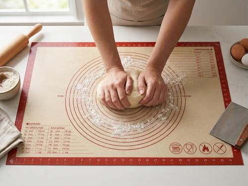LYCIAN WAY Silicone Pastry Mat with Measurements, 26 x 16 Inch Extra Thick Non-Slip Nonstick Large Baking Mat for Dough Rolling, Kneading, Fondant and Pie, Red