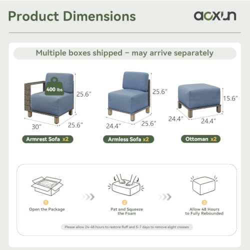 Aoxun Patio Furniture Set with 10'' Thick Cushions (6 Piece-U, Gray/Blue)