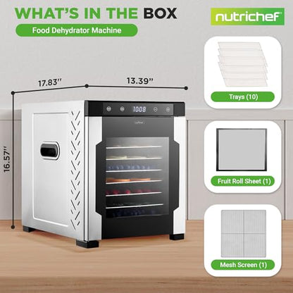 NutriChef Electric Countertop Food Dehydrator -900-Watt Premium Multi-Tier Meat Beef Jerky Maker Fruit/Vegetable Dryer w/10 Shelf Stainless Steel Trays,Digital Timer,Temperature Control-NCFD10S
