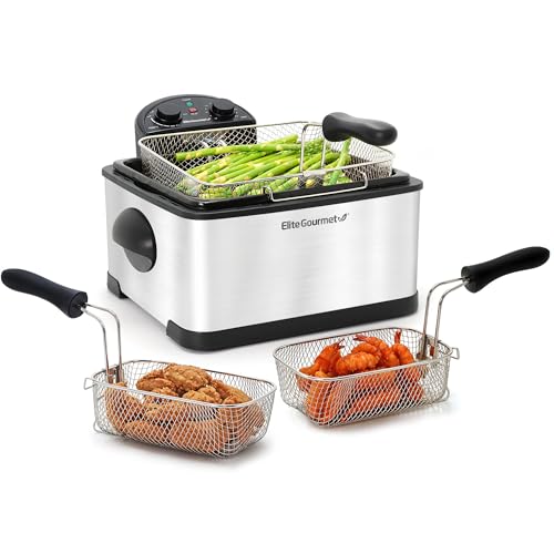 Elite Gourmet EDF-401TX 1700-Watt Triple Basket Electric Deep Fryer with Timer and Temperature Knobs and Odor Free Filter, 4.2L, 18-Cup, Black