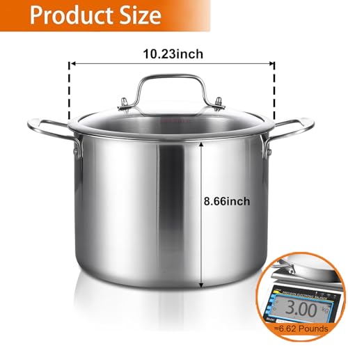 DELARLO Tri-Ply Stainless Steel Soup Pot 12QT, Tri-ply Big Pots for Cooking, 18/10 whole clad Stainless Steel Pot, Fast Even Heat, 12 QT Stock cookware with Lid, Pasta Pot, Induction Ready Up to 600℉