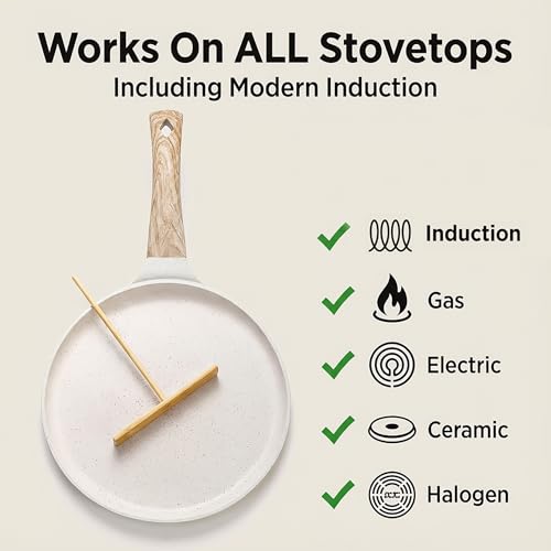 Hiceeden Nonstick Crepe Pan with Spreader, 10-Inch Tortilla Pan with Detachable Handle, Ceramic Coating Pancake Dosa Tawa Griddle Pan, for All Stove, Induction Compatible, PFOA Free (White)