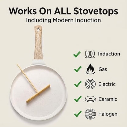 Hiceeden Nonstick Crepe Pan with Spreader, 10-Inch Tortilla Pan with Detachable Handle, Ceramic Coating Pancake Dosa Tawa Griddle Pan, for All Stove, Induction Compatible, PFOA Free (White)