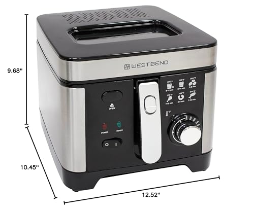 West Bend Deep Fryer with Adjustable Temperature Control Nonstick Basket Easy-View Window and Temperature Guide, Folding Handle and Locking Cover for Easy Storage, 3-Liter, Silver