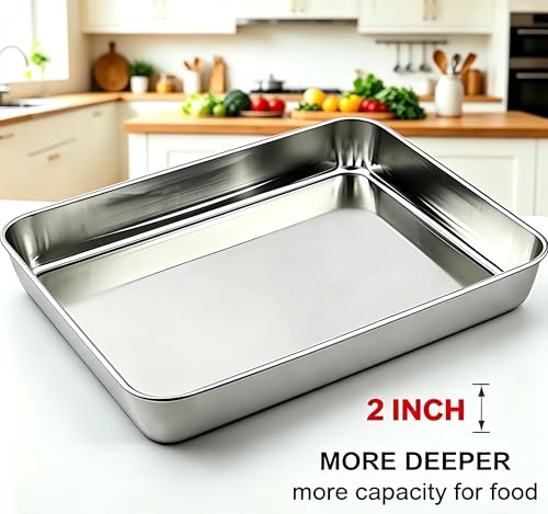 ONNESOL 2-Pack Stainless Steel Deep Baking Pan Set (12" & 16") – Uncoated Non-Toxic Heavy Duty Sheet Pan – Roasting Pans for Lasagna, Brownies, Bread, Cakes & Cookies – No Warping, Dishwasher Safe