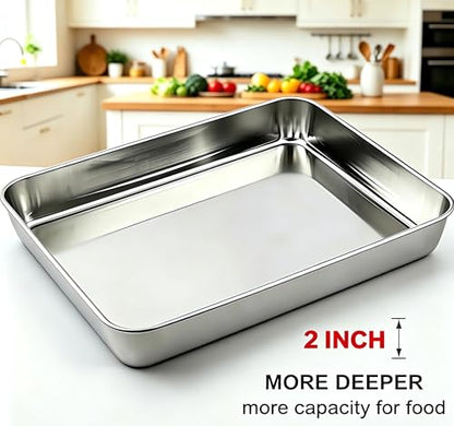 ONNESOL 2-Pack Stainless Steel Deep Baking Pan Set (12" & 16") – Uncoated Non-Toxic Heavy Duty Sheet Pan – Roasting Pans for Lasagna, Brownies, Bread, Cakes & Cookies – No Warping, Dishwasher Safe