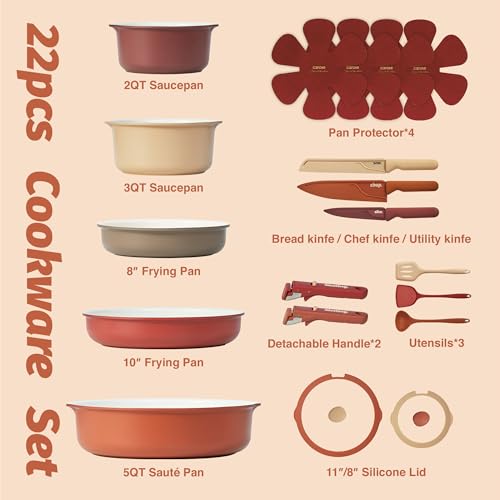 CAROTE 22 Pcs Non Stick Pots and Pans Set, Boho Ceramic Cookware Set Detachable Handle,Non Toxic Induction Kitchen Cookware Removable Handles, RV Cookware Set, Oven Safe, Mothers Day Gifts