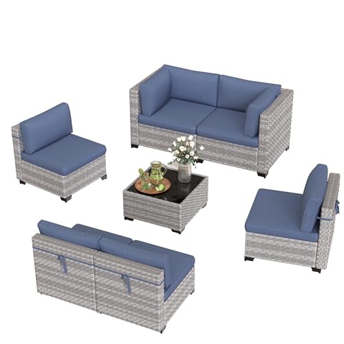 MAISON BACKYARDS 6-Seat Modular Patio Furniture Set – Outdoor Wicker Sectional Sofa with Thick 4″ Cushions, Dual-Strand PE Rattan, Rust-Resistant 18 mm Steel Frame, Backyard Garden Deck Lounge,Navy