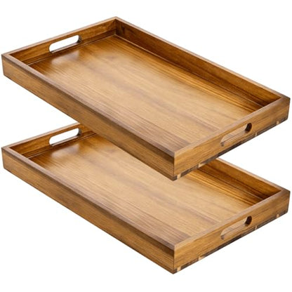 YOUEON 2 Pack 17 x 12 Inch Acacia Wood Serving Tray with Handles, Large Wooden Tray for Ottoman, Breakfast in Bed, Dinner, Coffee Table, Perfect for Living Room, Bedroom & Kitchen