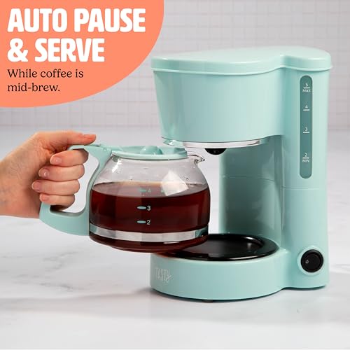 Tasty 5-Cup Coffee Maker with Auto Pause & Pour, Reusable Filter, Easy View Water Reservoir and Warming Plate, Glass Carafe, Compact Brew & Drip Coffee Maker, 5-Cup, Aqua