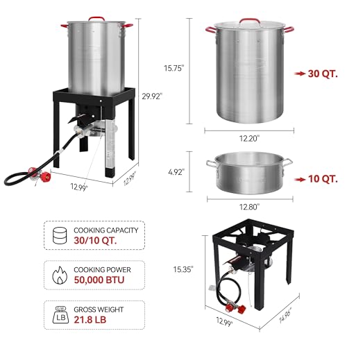 CreoleFeast TFS3010 Propane 30 Qt. Turkey and 10 Qt. Fish Fryer Boiler Steamer Set, 50,000 BTU Burner, Ideal for Outdoor Cooking