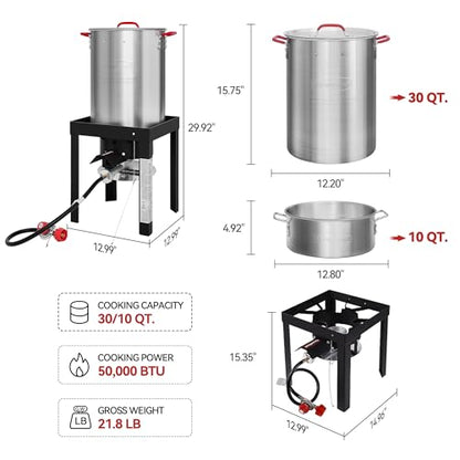 CreoleFeast TFS3010 Propane 30 Qt. Turkey and 10 Qt. Fish Fryer Boiler Steamer Set, 50,000 BTU Burner, Ideal for Outdoor Cooking