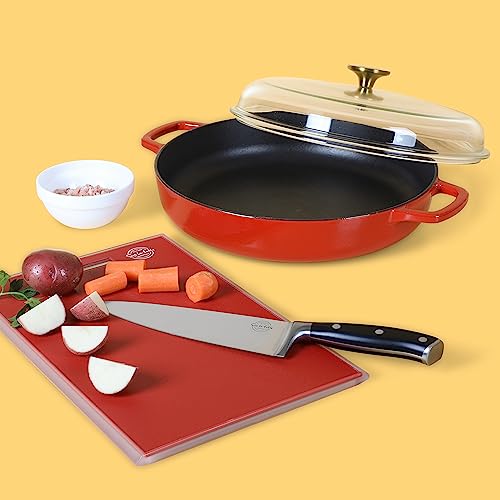 Sur La Table Kitchen Essentials Supper Club 3.75 Quart Enamel Cast Iron All In One Multi-Purpose Non-Toxic Nonstick Braiser Pan W/Borosilicate Glass Lid - Red