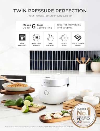 CUCKOO CRP-MHTR0309F | 3-Cup (Uncooked) Twin Pressure Induction Heating Rice Cooker | 11 Menu Options: High/Non-Pressure & More, Made in Korea | White, 3 Cups